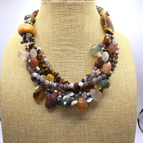 Stone Multi Strand Toggle Clasp Chunky Necklace - Picture 1 of 10